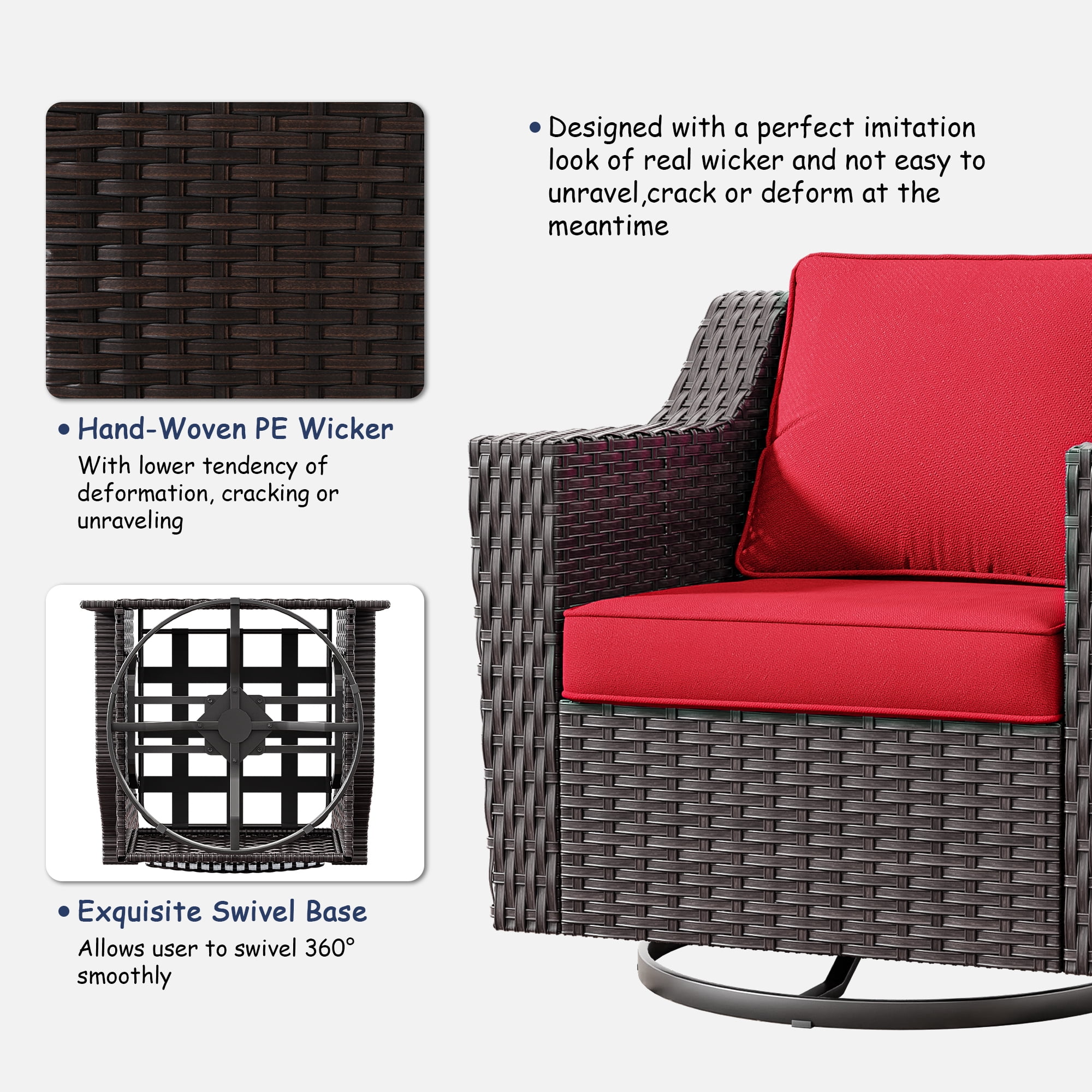 MeetLeisure Patio 2 Pieces Wicker Swivel Chairs Set, Outdoor PE Rattan Rocking Glider Armchairs with Water-Resistant Cushions & Washable Covers for Porch Balcony Sunroom, Red