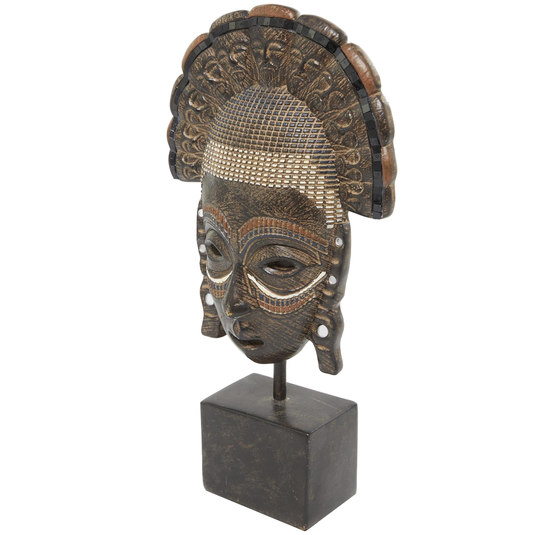 7" x 14" Brown Polystone African Tribal Mask Sculpture with Rust and Navy Carvings and Block Base, by DecMode