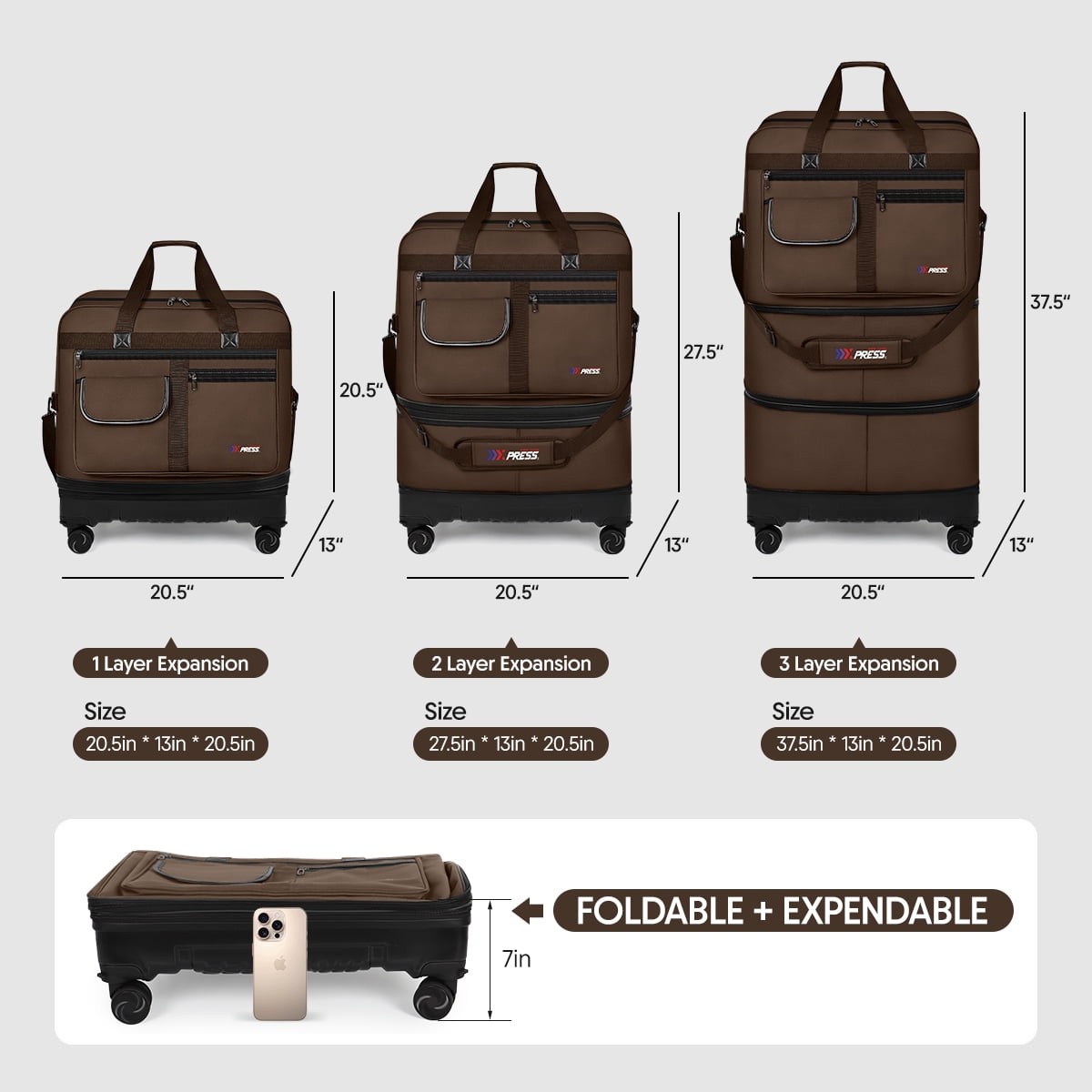 36" Expandable Foldable Suitcase Bag Large Collapsible Rolling Luggage Bag for Storage, Moving & Abroad Travel, Chocolate, JM