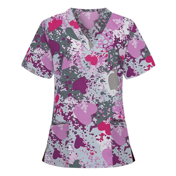 Aimik Aimik Women Heart Printed Nurse Scrubs Tops Short Sleeve Vneck