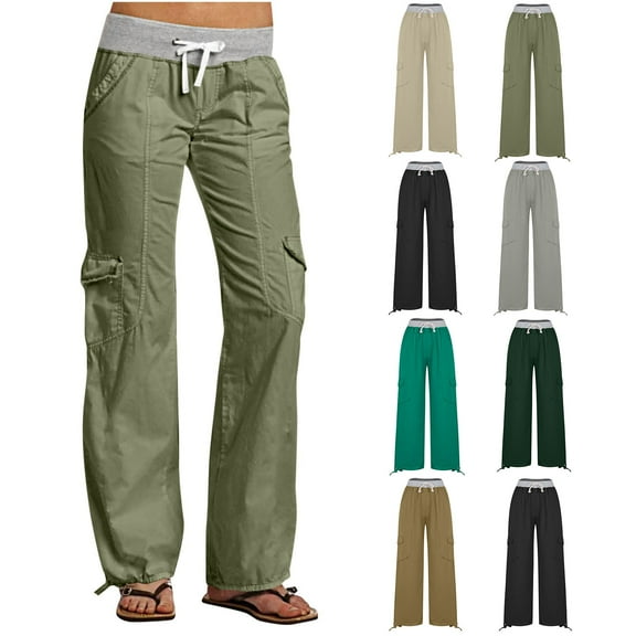 Dgankt Women's Casual Long Pants Low Rise Cargo Wide Leg Pants for Women Drawstring Flap Pockets Casual Pants