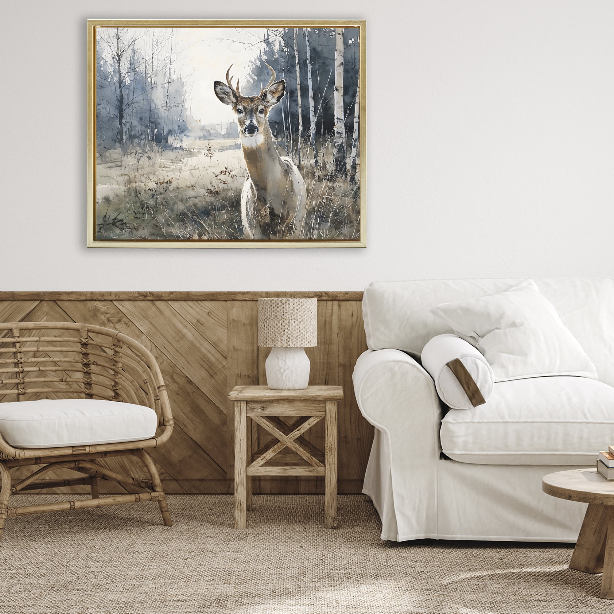 Stupell Industries Deer in Winter Wilderness Gold Framed Floater Canvas Wall Art, design by Franklyn Gregory