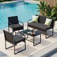 thumbnail image 5 of Asofer 4 Pieces Patio Furniture Set, All-Weather Outdoor Rattan Conversation Set with Glass Table for Lawn, Porch, Black, 5 of 6
