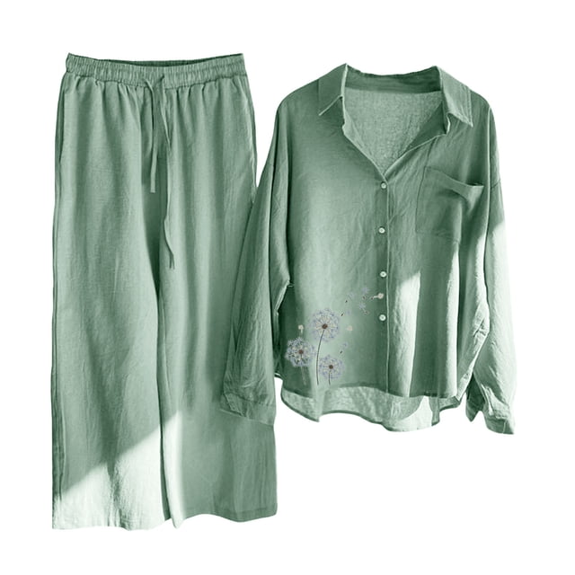 Puntoco Conjunto de camisa de 2 piezas con bolsillo de manga larga y pantalones largos de cintura alta para mujer Puntoco Puntoco-4142