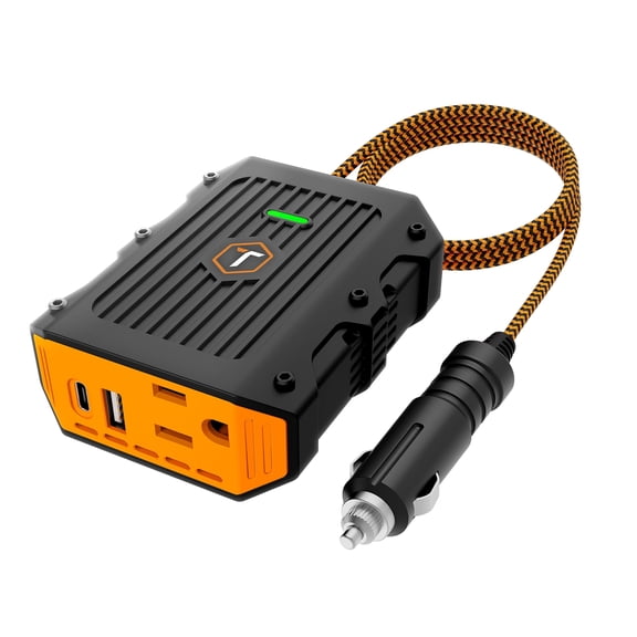 ToughTested 120 Watt Power Inverter, Single Type-C, USB & DC power charging ports, 3ft long braided 12V cable