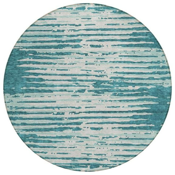 HomeRoots 592427 8 ft. Teal Blue & Ivory Round Striped Washable Indoor & Outdoor Area Rug