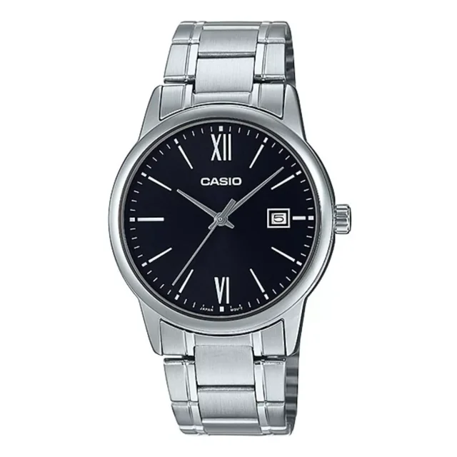 Reloj Casio Mtpv002 1b3 Hombre Acero Negro Fechador Correa Plateado Bisel Plateado Fondo Negro MTP-V002D-1B3