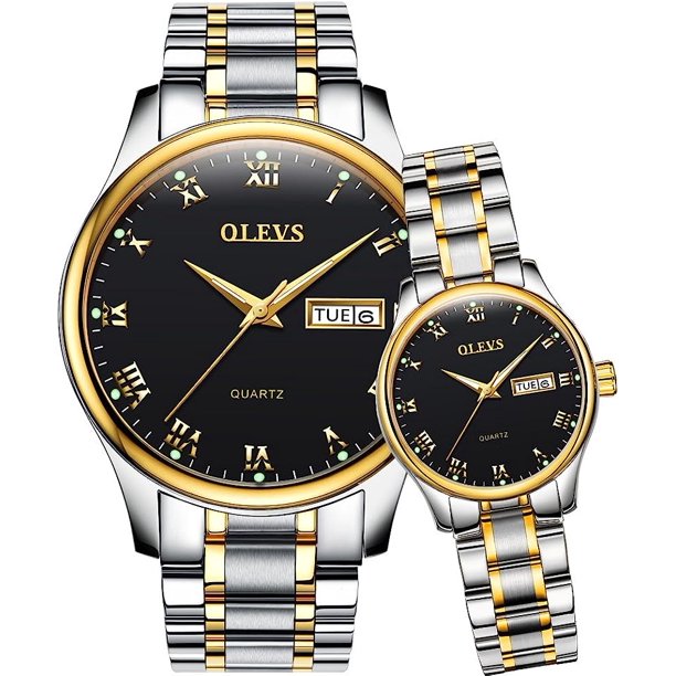 Par de relojes de cuarzo para parejas de San Valentín, calendario luminoso, ventana de fecha, resistente al agua hasta 3 ATM, reloj de pulsera informal de acero inoxidable para él y para ella, para hombres, mujeres, amantes, bodas, regalos románticos, juego de 2, esfera negra