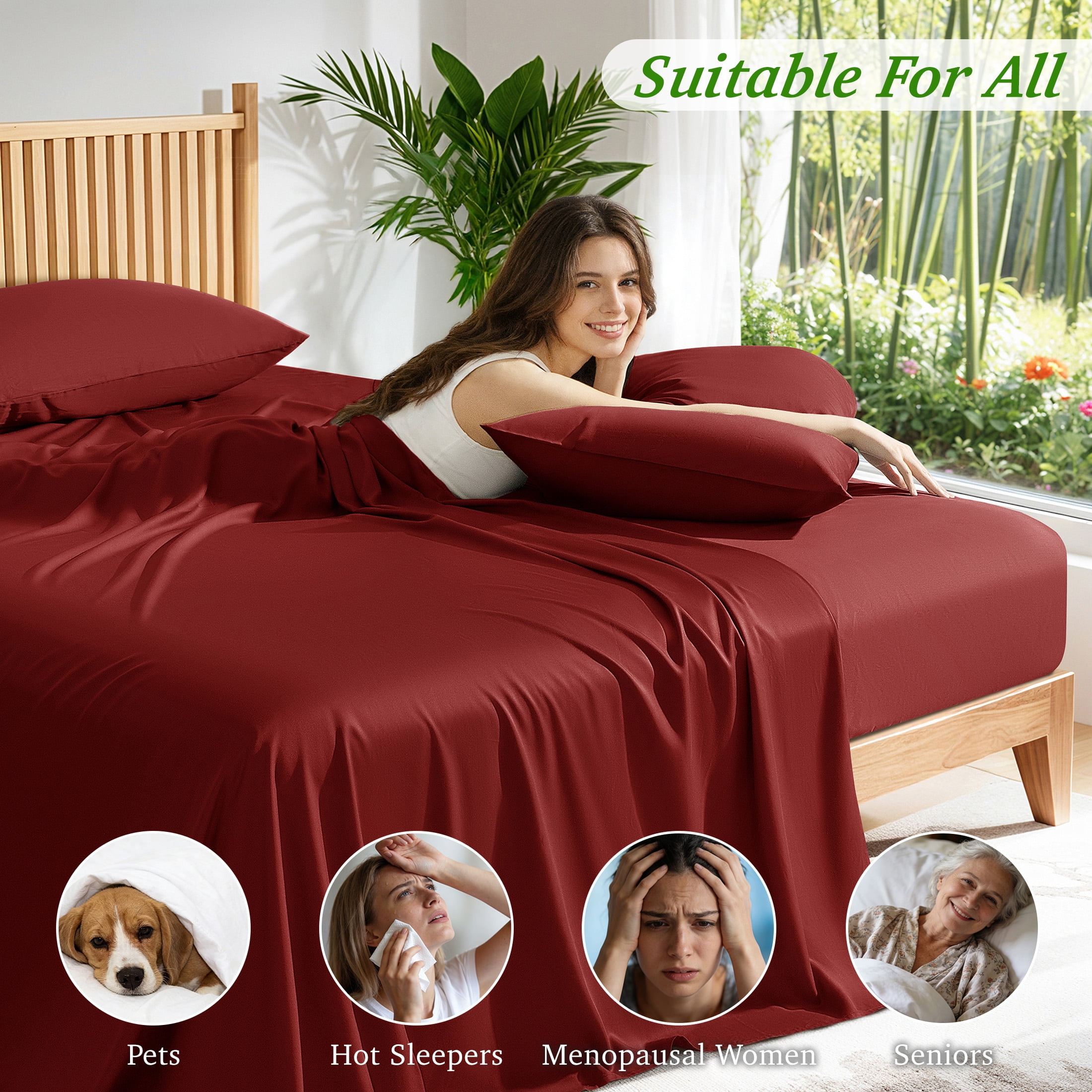 AiAngu Bamboo California King Sheet Set, Luxury Soft 4 Pieces Bed Sheets with 18" Deep Pocket, Burgundy
