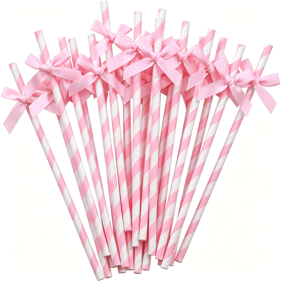 ACDANC 20 Pcs Pink Bow Paper Straws, 7.7 Inch Biodegradable Drinking Straws