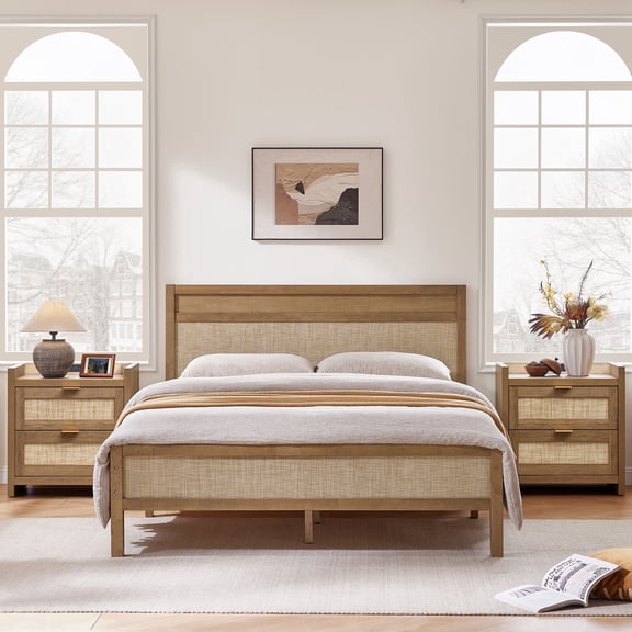 SICOTAS 3-Piece Rattan Bedroom Furniture Set-Solid Wood Queen Size Bed Frame with Headboard & Footboard, 2-Drawer Nightstand Set of 2 with Charging Station, Natural Oak