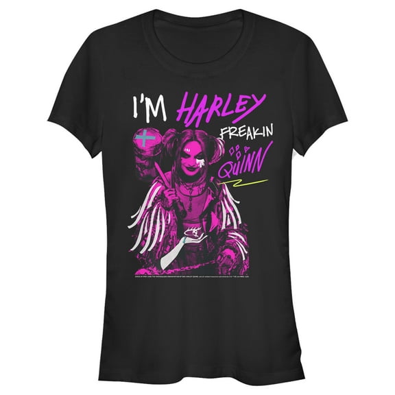 Junior's Birds of Prey Harley Freakin' Quinn Cartoon Graphic Tee Black Small
