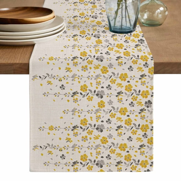 Weeping Flowers Table Runner, Yellow Grey Spring Floral Rustic Burlap Washable Cotton Linen Table Runners 36 Inches Long, Dresser Scarf Runner for Nightstand/End Tables/Round Tables 13''x36''