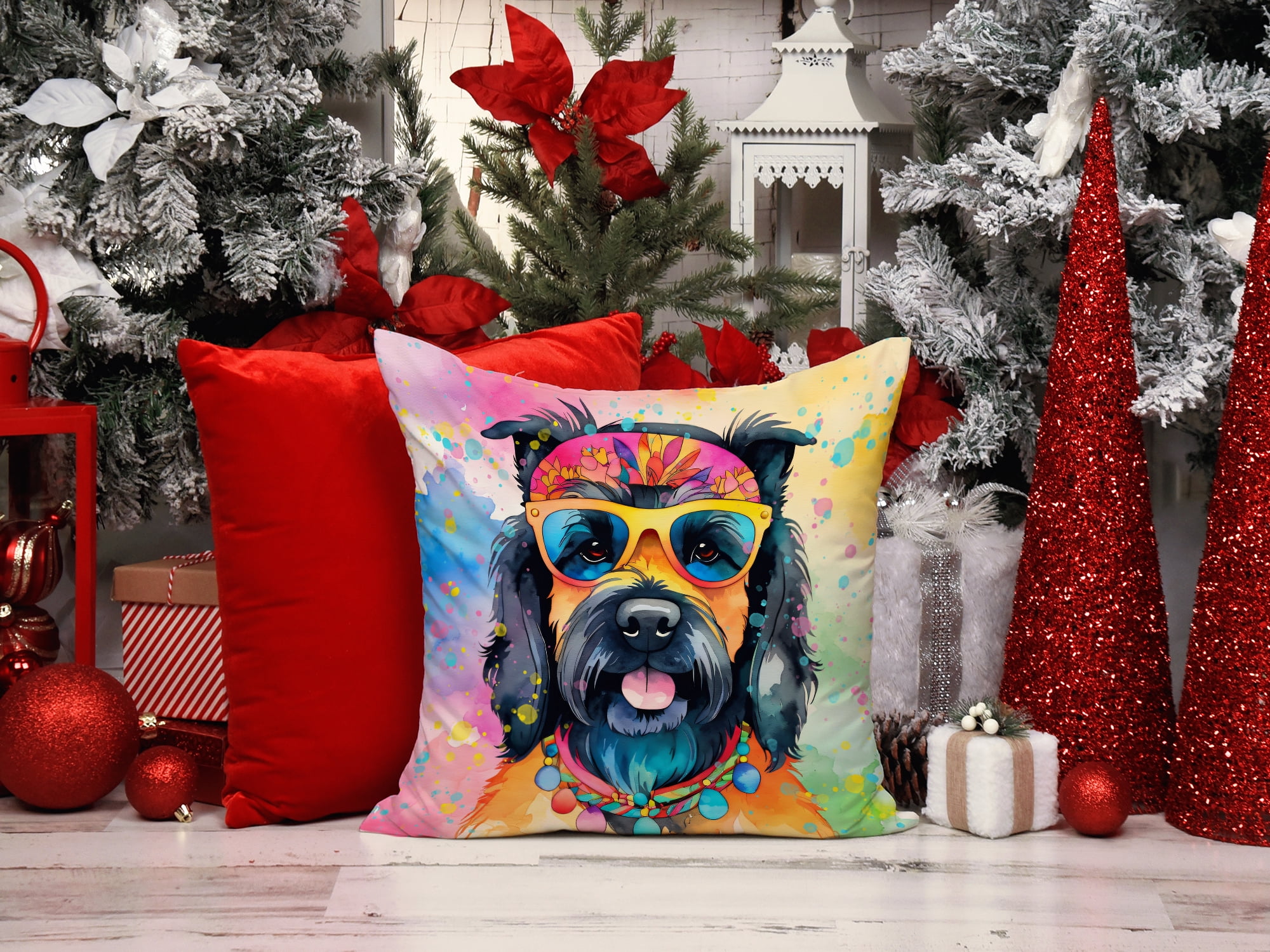 Scottish Terrier Hippie Dawg Fabric Decorative Pillow 18 in x 18 in