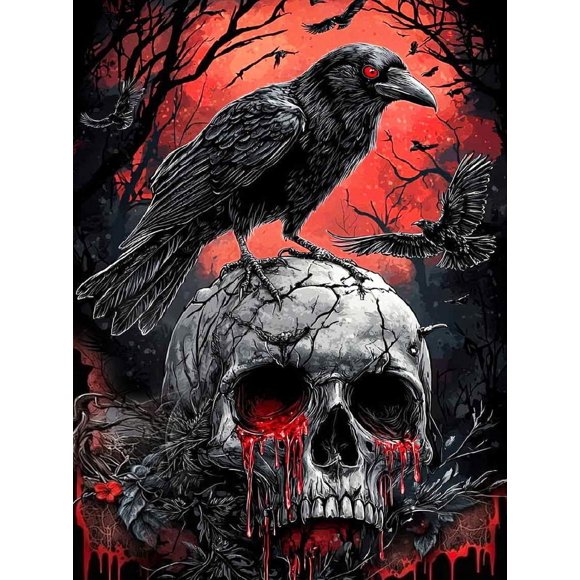 shiyou-Diamond Painting Kits for Adults, Crow 5D Diamond Art Kits for Beginners, Skull Helloween Diamond Dots Kits Gem Arts Crafts for Living Room Offices Home Wall Decor 12 x 16 Inch