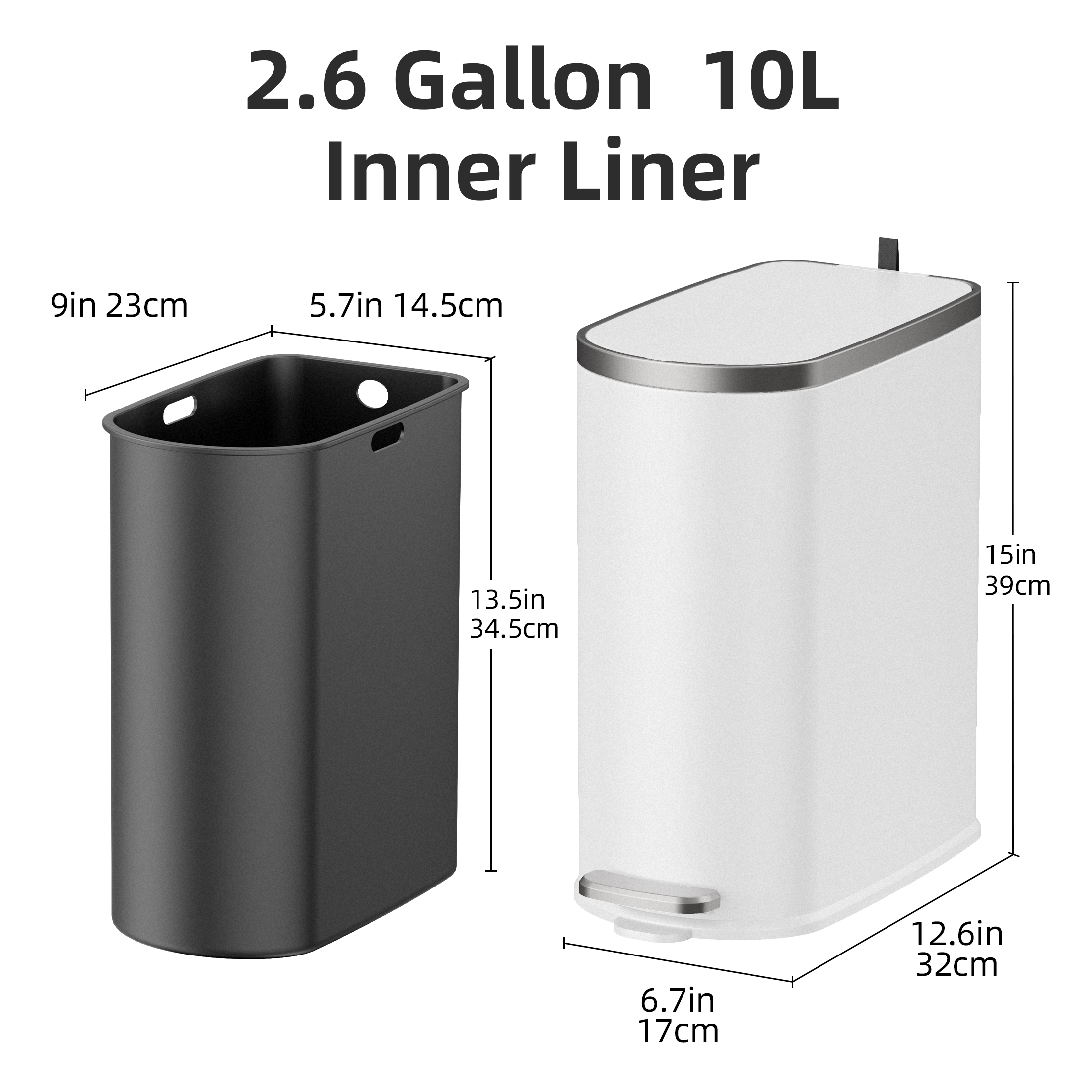 KSSKSS 2.6 Gallon/10L Slim Stainless Steel Bathroom Trash Can with Lid, Soft-Close Small Garbage Bin for Narrow Spaces, White