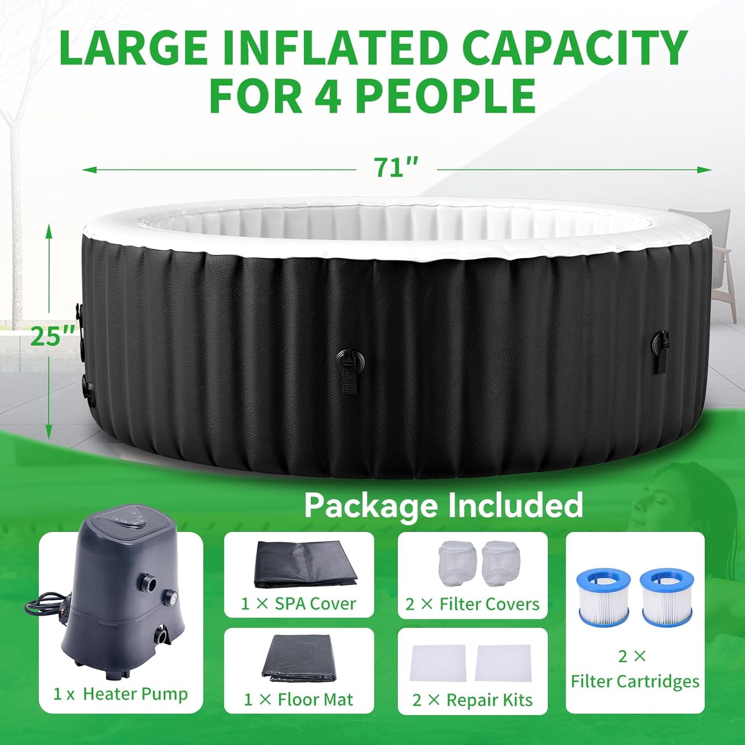 Slsy 2-4 Person Inflatable Hot Tub, Round Blow Up Portable Hot Tub, Leak-Proof PVC Outdoor Spa with 120 Strong Air Jets, Heater Pump and Insulated Cover, 71” X 71”X 25”
