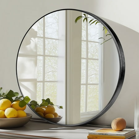 EDX 20 Wall Round Mirror with Crystal Clear Reflection Convenient Hanging Hooks and Premium Aluminum Alloy Construction Black