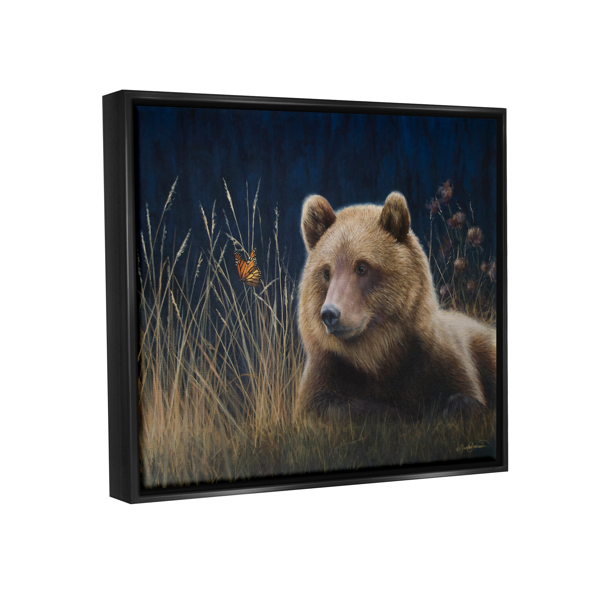Stupell Industries Bear & Butterfly Scene Animals & Insects Painting Black Floater Framed Canvas Art Print Wall Art, 21 x 17