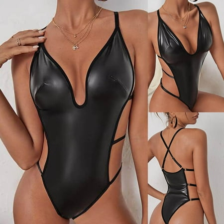 

Pxiakgy lingerie for women Fashion Patent Leather Sleepwear Lingerie Temptation Underwear Nightdress Black + M