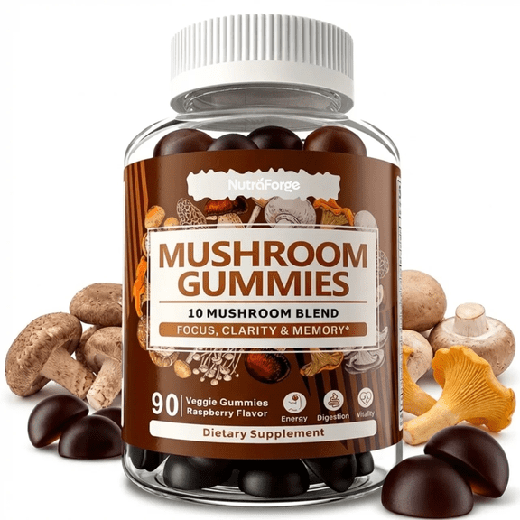Mushroom Gummies 10 Blend Supplement – 90 Gummies with Lion’s Mane, Chaga, Reishi, Cordyceps – Immune Support, Focus, Memory & Energy – Vegan, Raspberry Flavor
