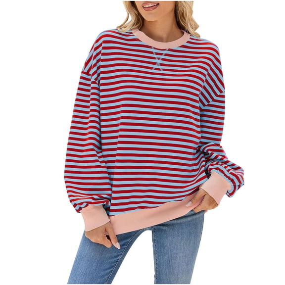 aidice Tops for Women Casual Crewneck Long Sleeve Loose Striped Shirts Drop Shoulder Comfy Blouses