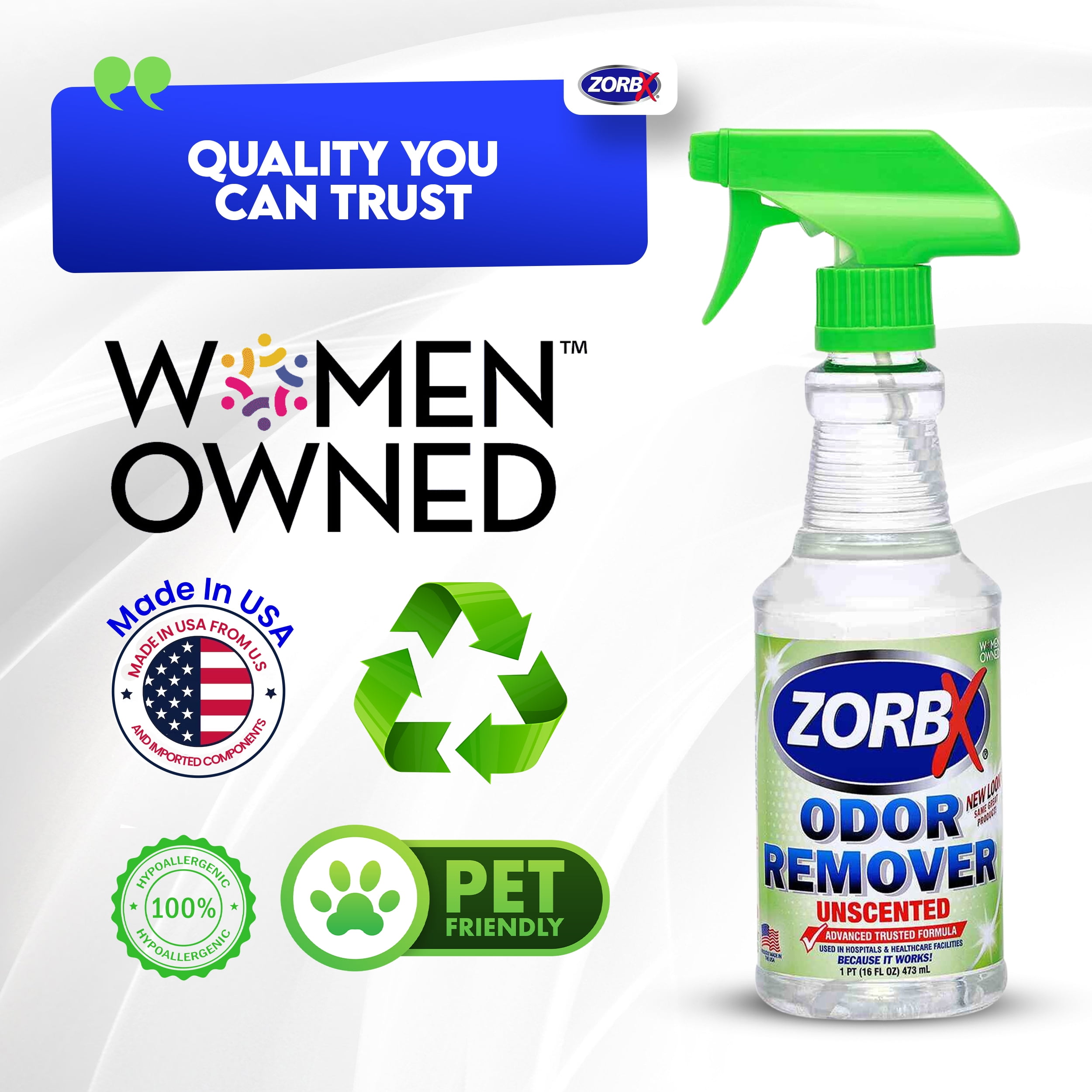 ZORBX Unscented Odor Eliminator Spray for Hospitals & Healthcare – Dog, Cat, Car & Carpet Deodorizer (16oz - Pack of 2)