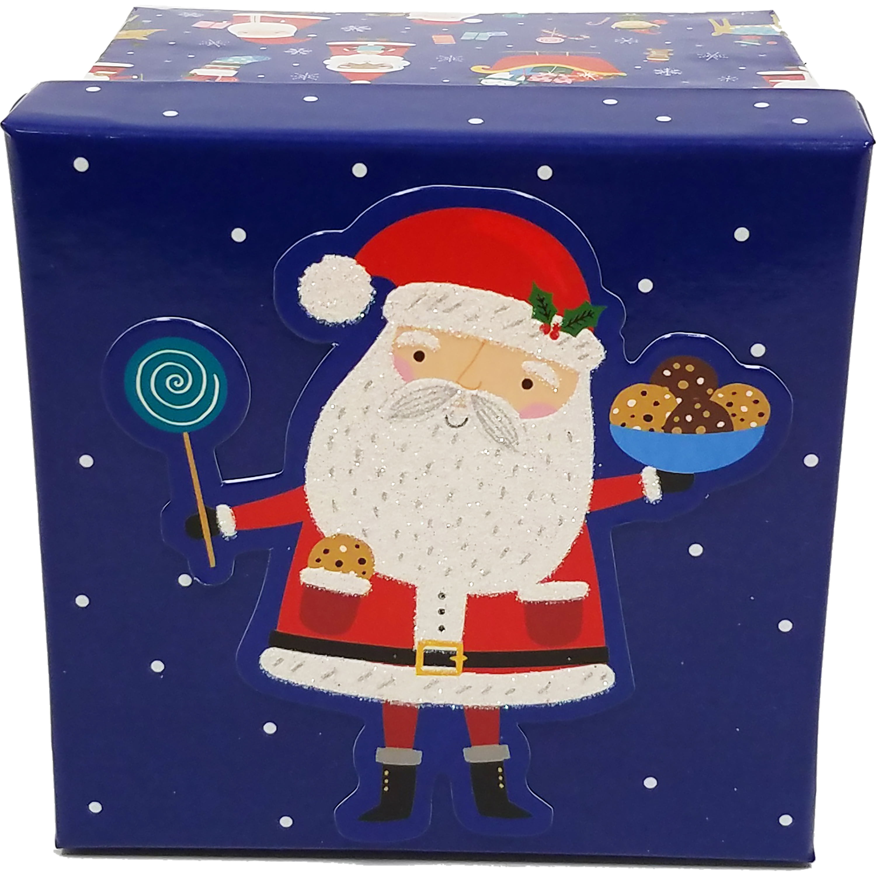 Holiday Time Small Square Glitter Christmas Gift Box, 4" x 4" x 3", Blue and Red Santa