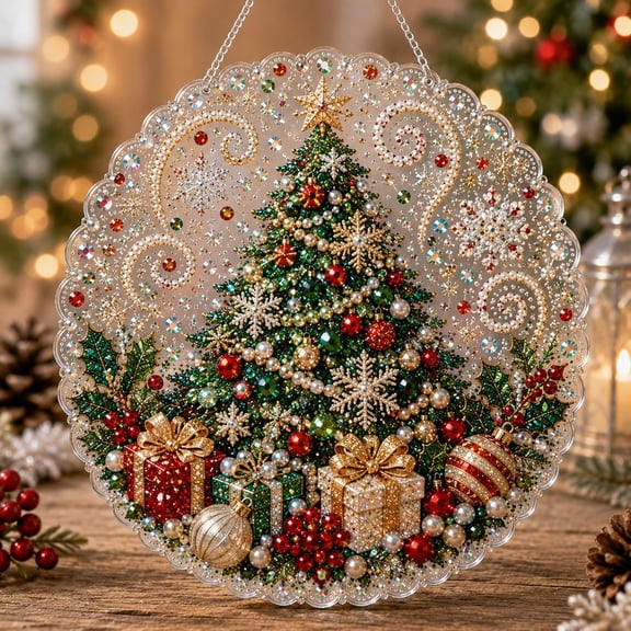 Christmas Pearl Diamond Art Ornament Kit DIY Hanging Decor with Santa Tree Wreath Design, Sparkling Holiday Craft for Tree Window