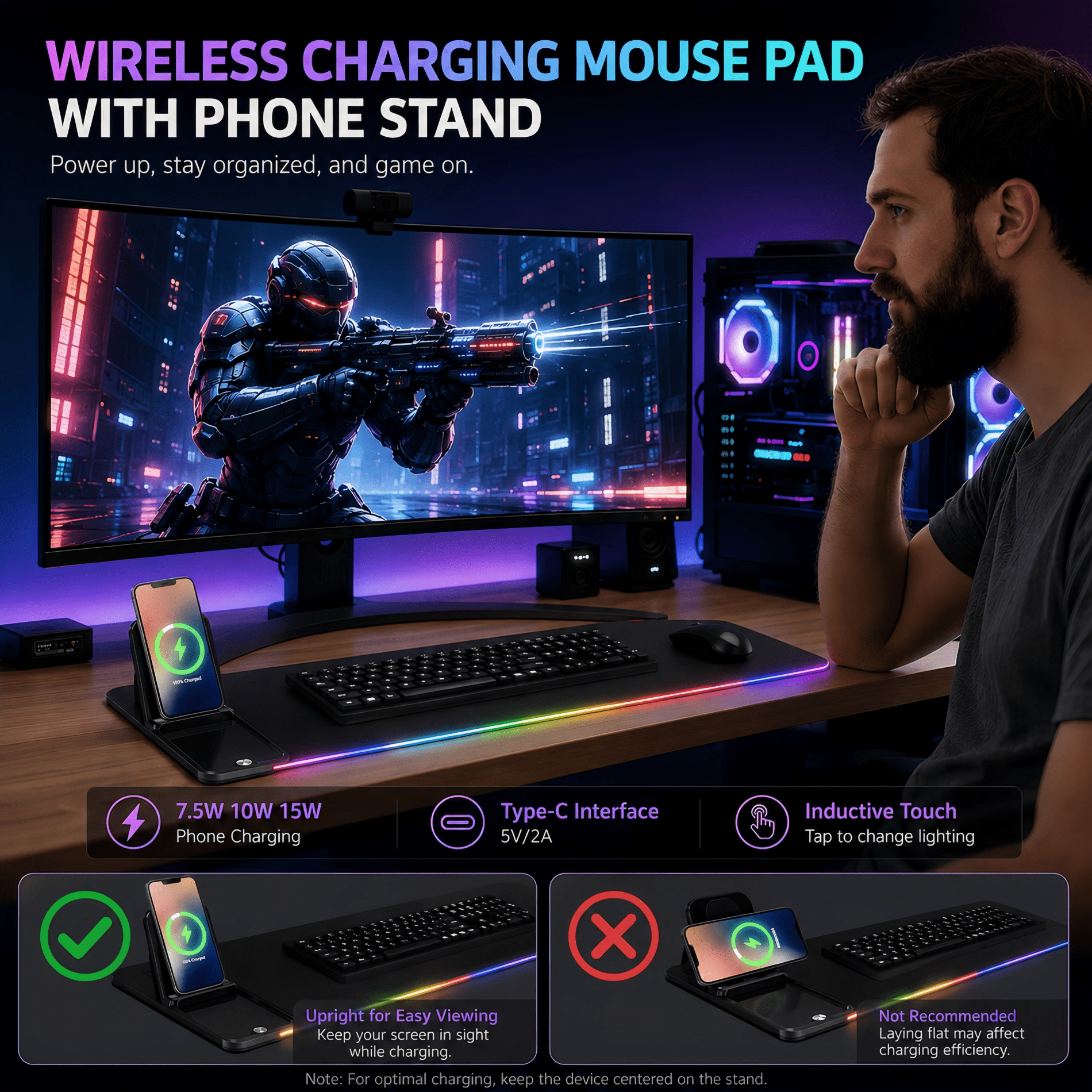 RGB Gaming Mouse Pad with Wireless Charging 15W,Large Laptop Led Mouse Pad,6 Light Modes Keyboard Pad with Phone Holder & Non-Slip Rubber Base,Waterproof Mousepad for Gaming Home Office