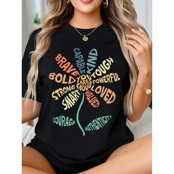 Women's Inspirational Graphic T-Shirt Positive Quotes Flower Typography Short Sleeve Casual Tee