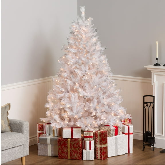 National Tree Company 6.5 ft Pre-Lit Winchester Pine Artificial Christmas Tree, 400 Clear Lights, 798 Tips, Silver Glitter, Includes Stand, White