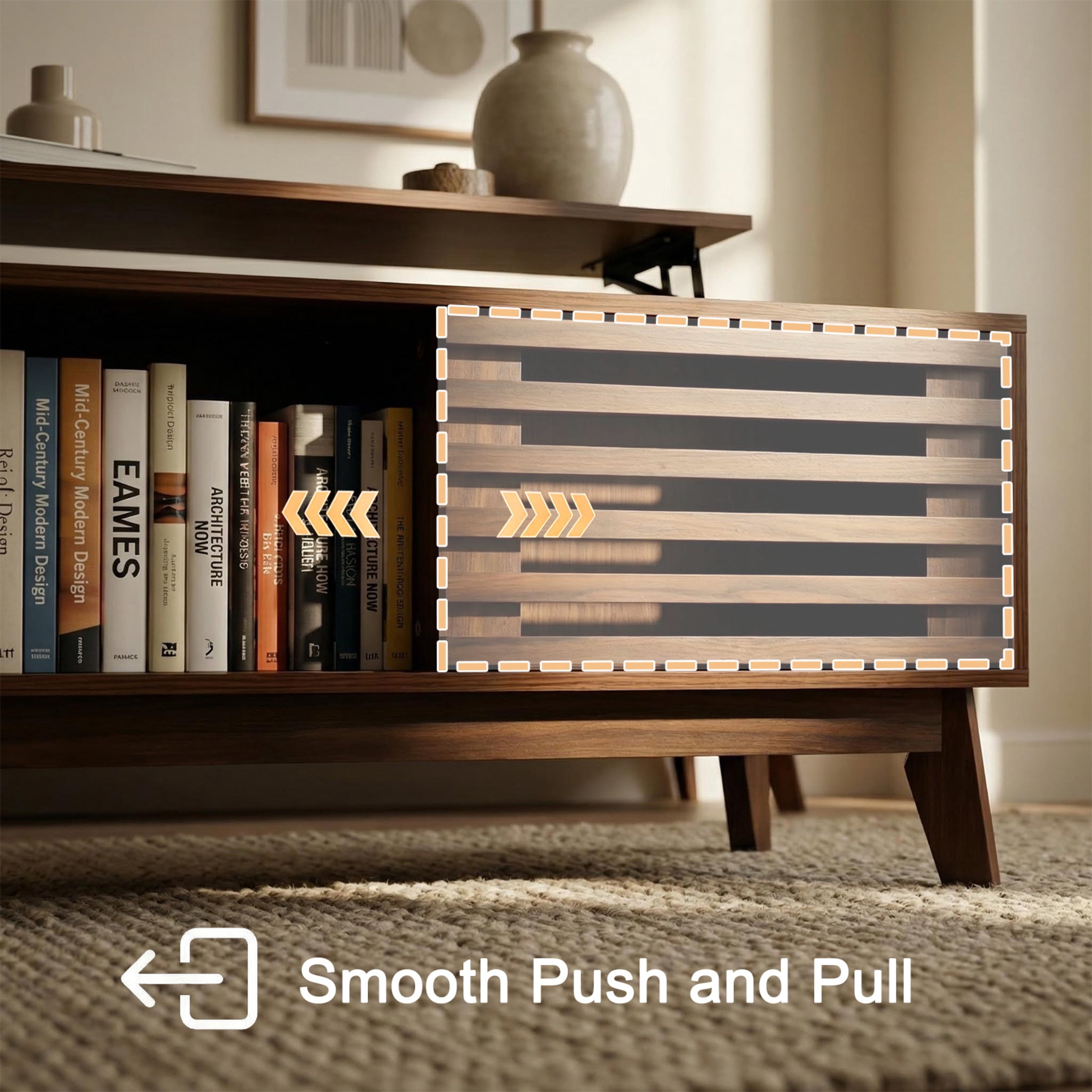 Noble House 35" Lift Top Coffee Table with Hidden Storage, Mid-Century Table with Slatted Sliding Door, Walnut