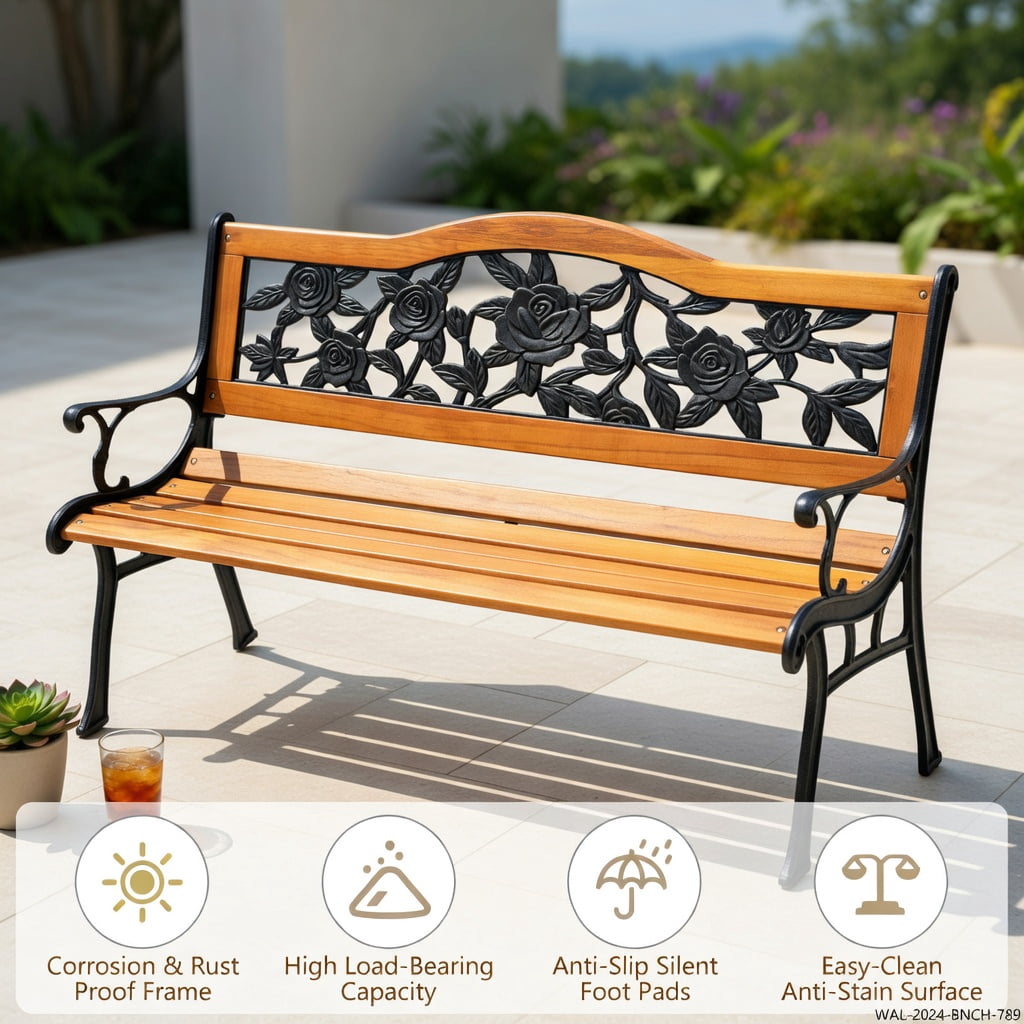 Hommoo Outdoor Wooden Garden Bench Loveseat with Powder-Coated Iron Frame, Heavy, Rust-Resistant, Easy Assembly, Black + Natural