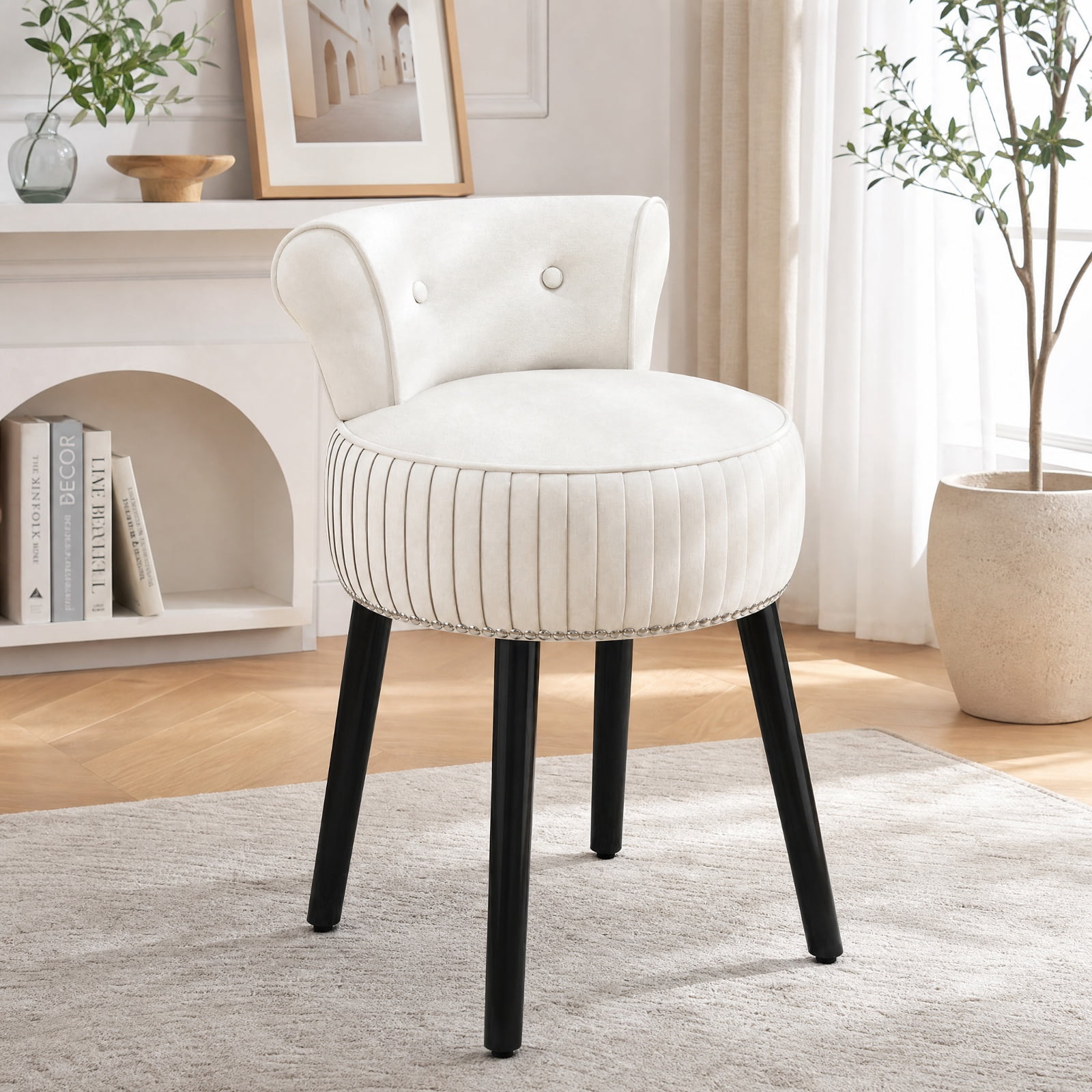Furnibear Velvet Vanity Chair Upholstered Stool with Tufted Back and Wood Legs
