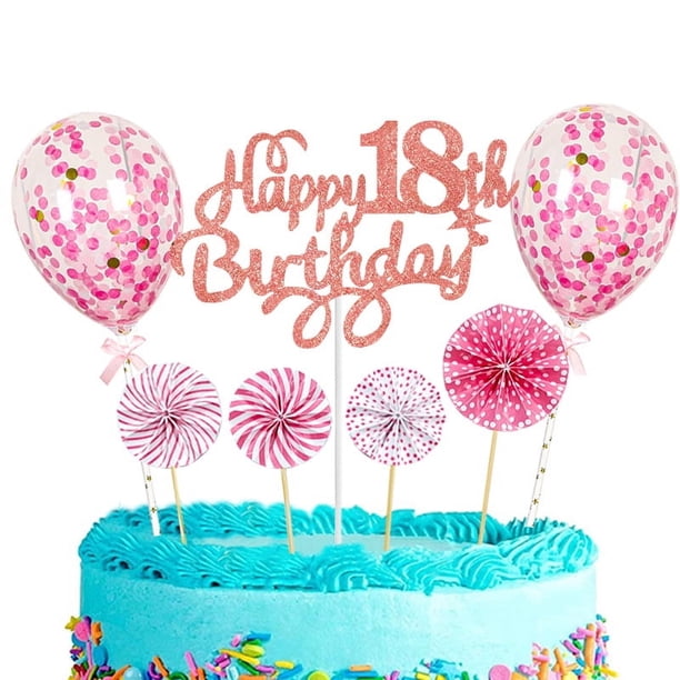 Abanico de flores de papel rosa de 5 pulgadas con lentejuelas y globos para decorar tartas de feliz cumpleaños con papel brillante