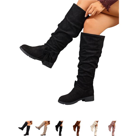 Tawop Boots for Women Fashion Casual Winter Tall Solid Color Bow Round Toe Heel Mid Calf Womans Boots