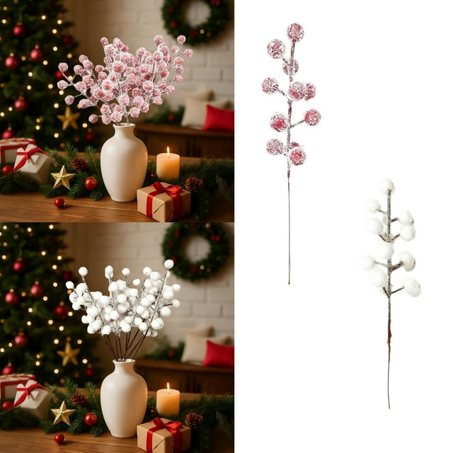 Bowayaoa Pics de Flocons de Neige Baies Rouges de Noël Branches de Baies Artificielles Ornement de Sapin de Noël Décoration de Maison Salon Insert de Vase des Fêtes