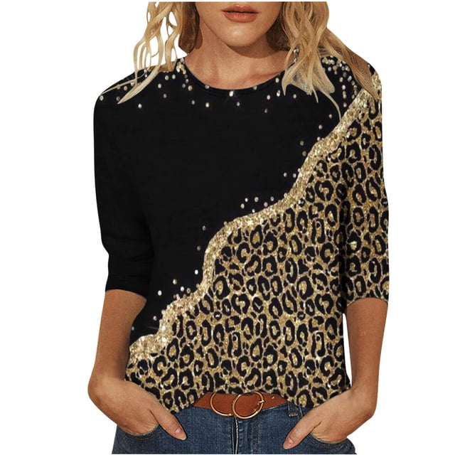 Meichang T-Shirts à Manches 3/4 pour Femmes Coupe Ample Haut à Imprimé d'Arbre Chandail Décontracté à Col Rond Chandails Doux Extensibles Manches 3/4 Tunique Mignonne