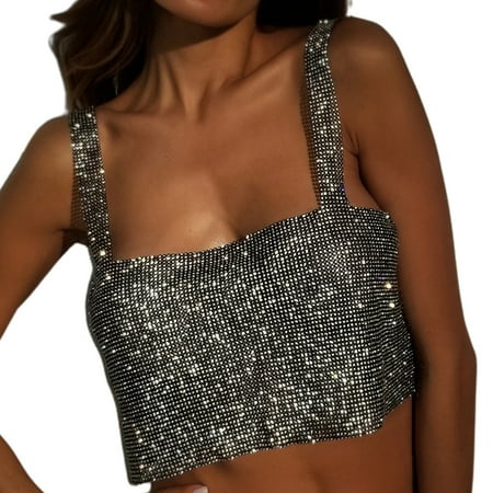 Women Sexy Off Shoulder Cropped for Tank Top Glitter for Rhinestone Metal Diamond Camis Vest Backless Dancing Festival Party Jewelry Clubwear