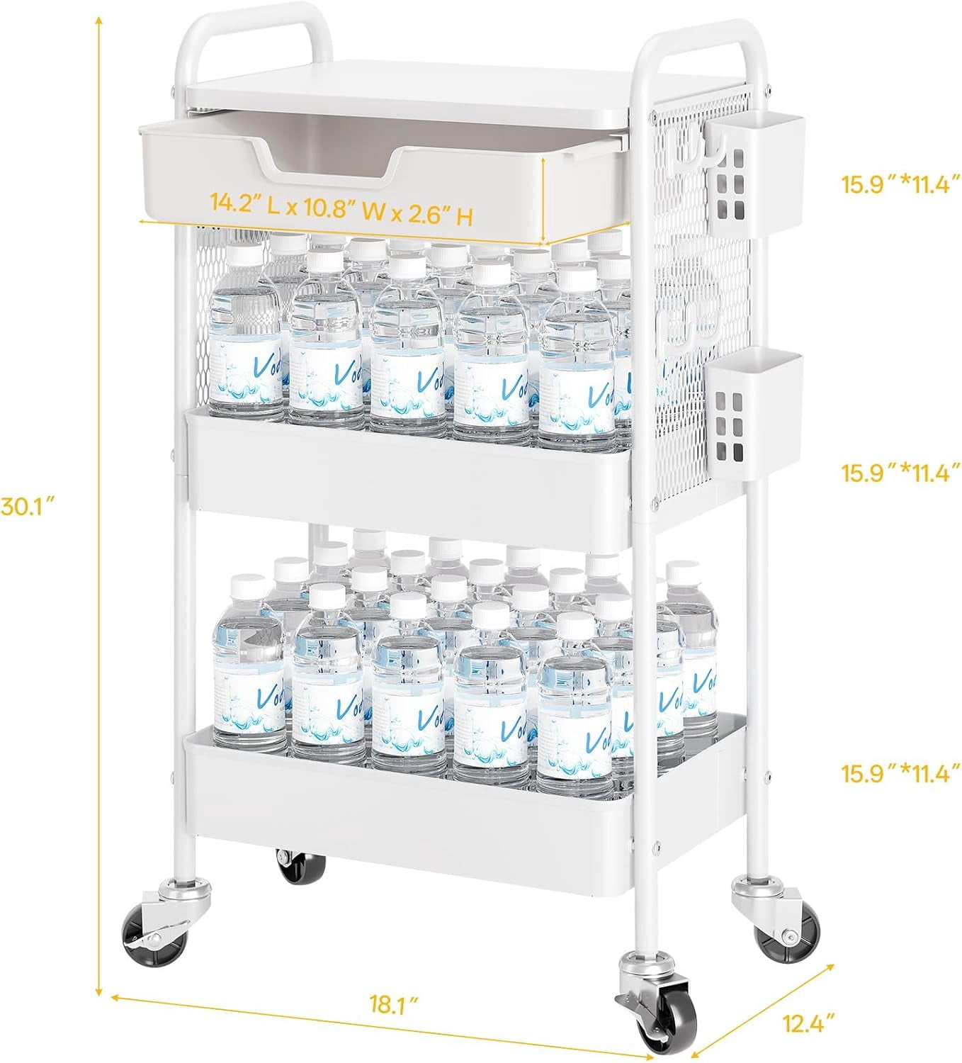 3 Tier Metal Rolling Utility Cart with Drawer & Pegboard - Multifunctional Storage Cart on Wheels with Tabletop, Hooks & Basket, Sturdy Craft & Art Cart for Bathroom, Bedroom, Children Room