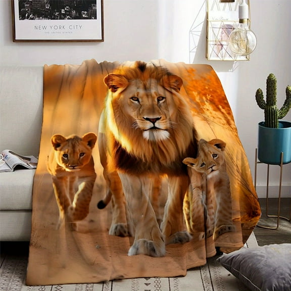 Lion Family Art Throw Blanket - Soft Warm Flannel Fleece, Digital Print, Knitted, Polyester, Lightweight for Sofa, Bed, Office, Travel - Ideal Year-Round Gift for Friends and Family