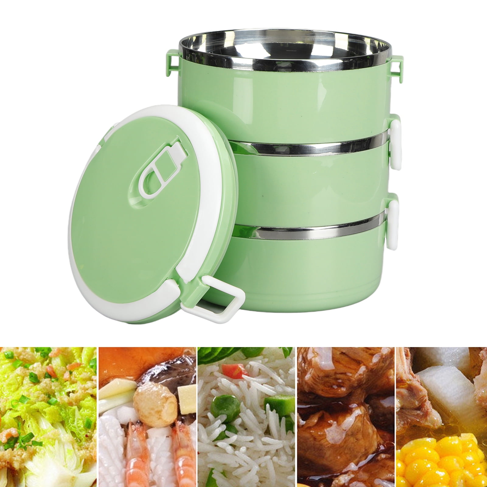 Bento Lunch Box, Vent Portable Cylinder Lunch Container Pressure Cooker Principle Ergonomic Arched Handle For Outdoor For School Three Layers Nordic Green