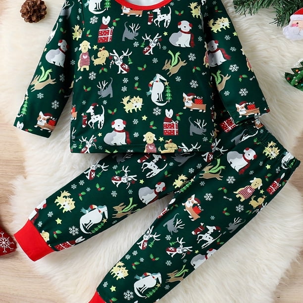 2 Uds, Conjunto De Camisetas Y Pantalones De Manga Larga Con Estampado De Dibujos Animados De Navidad Para Niños Pequeños Y Niñas, Conjuntos Informales Para Niños, Conjunto De Pijama