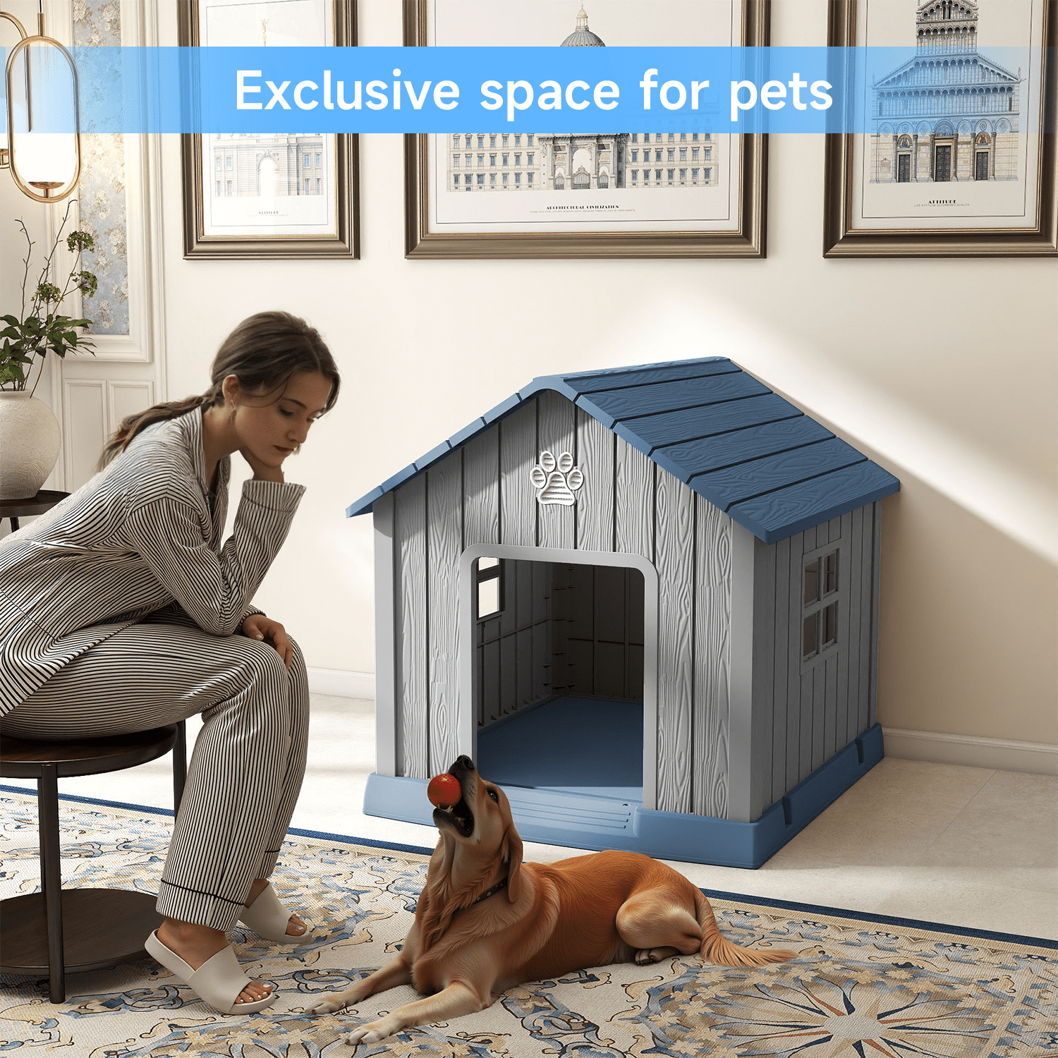 fazzn Durable Waterproof Resin Dog House for Small to Large Sized Dogs, Indoor Outdoor Doghouse Puppy Shelter with Elevated Floor, Easy to Assemble .Blue/Brown