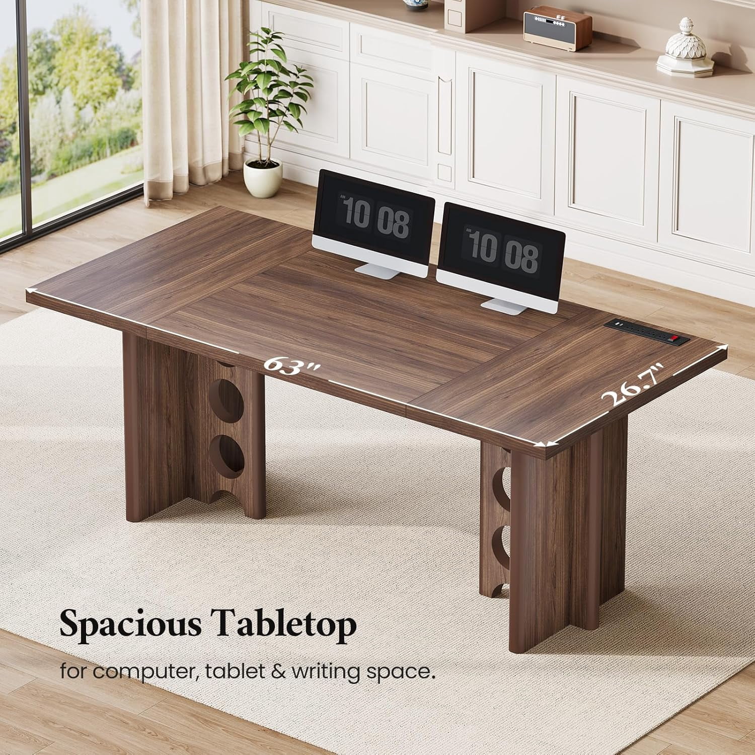 63 Inch Executive Desk with Power Outlet, Modern Computer Office Desks, Large Laptop Desk Writing Table Workstation Business Furniture for Home Office, Brown