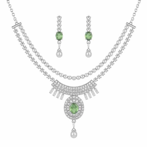 AlKhalil - Elegant Pearl & Green Gemstone Necklace and Earrings Set for Women