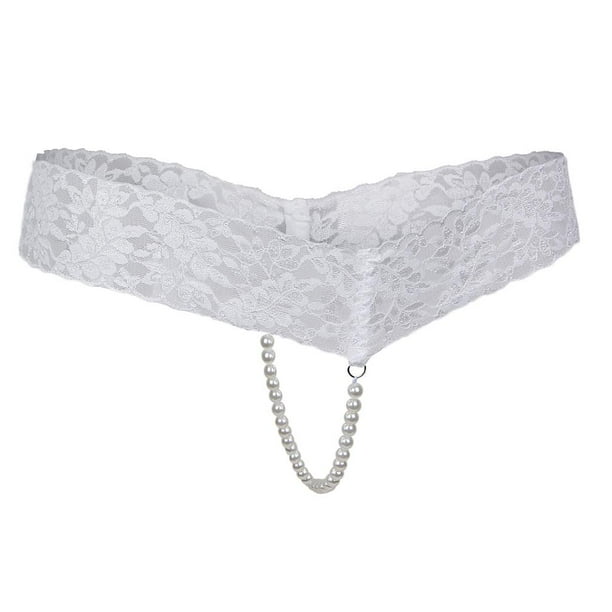 Bragas sexys sin entrepierna para mujer, tanga de encaje transparente, ropa interior con perlas Blanco