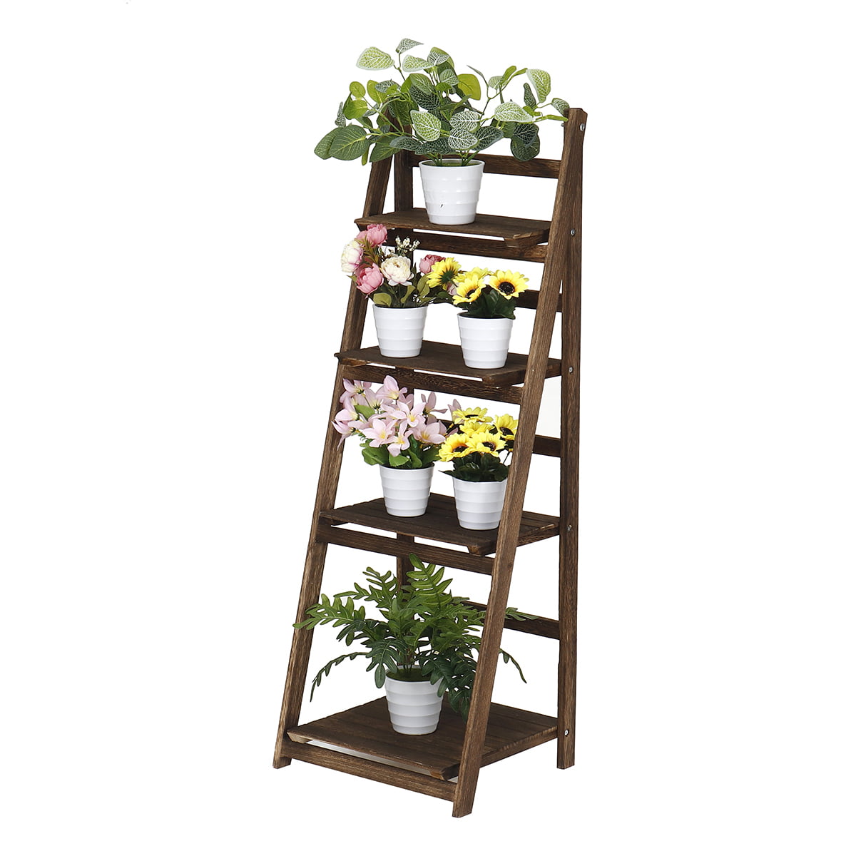 Free Standing 4-Tier Folding Plant Shelf Planter Stand Wood Indoor Pot Ladder 