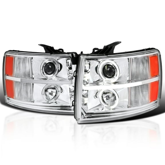 Spec-D Tuning Chrome LED Dual Halo Projector Headlights Compatible with 2007-2013 Chevy Silverado 1500, 2007-2014 Silverado 2500 3500, Left   Right Pair Headlamps Assembly